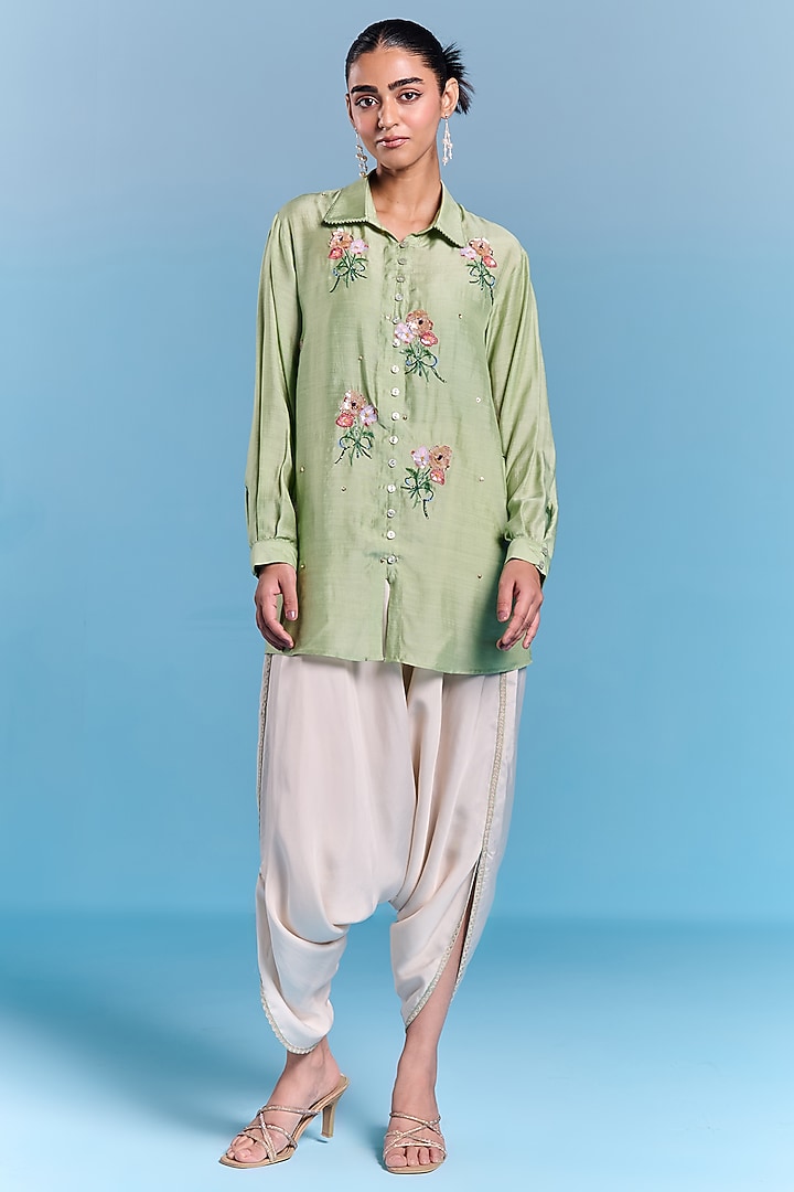 Mint Green Floral Hand Embroidered Tunic Set by Kalista at Pernia's Pop Up Shop