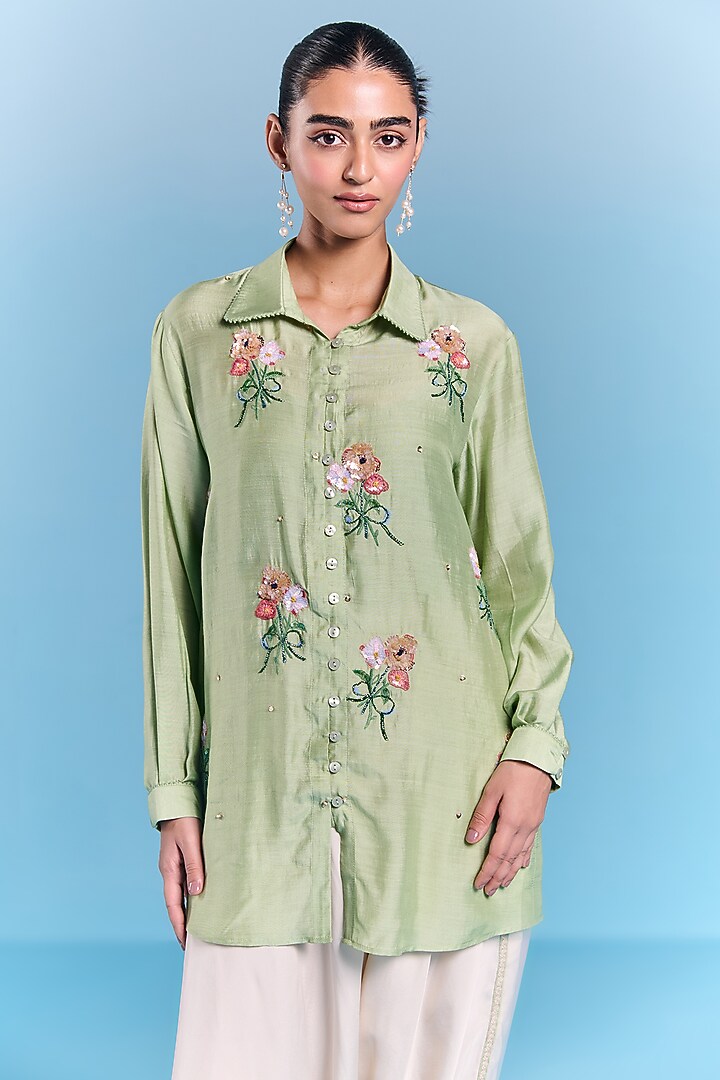 Mint Green Floral Hand Embroidered Tunic Set by Kalista at Pernia's Pop Up Shop