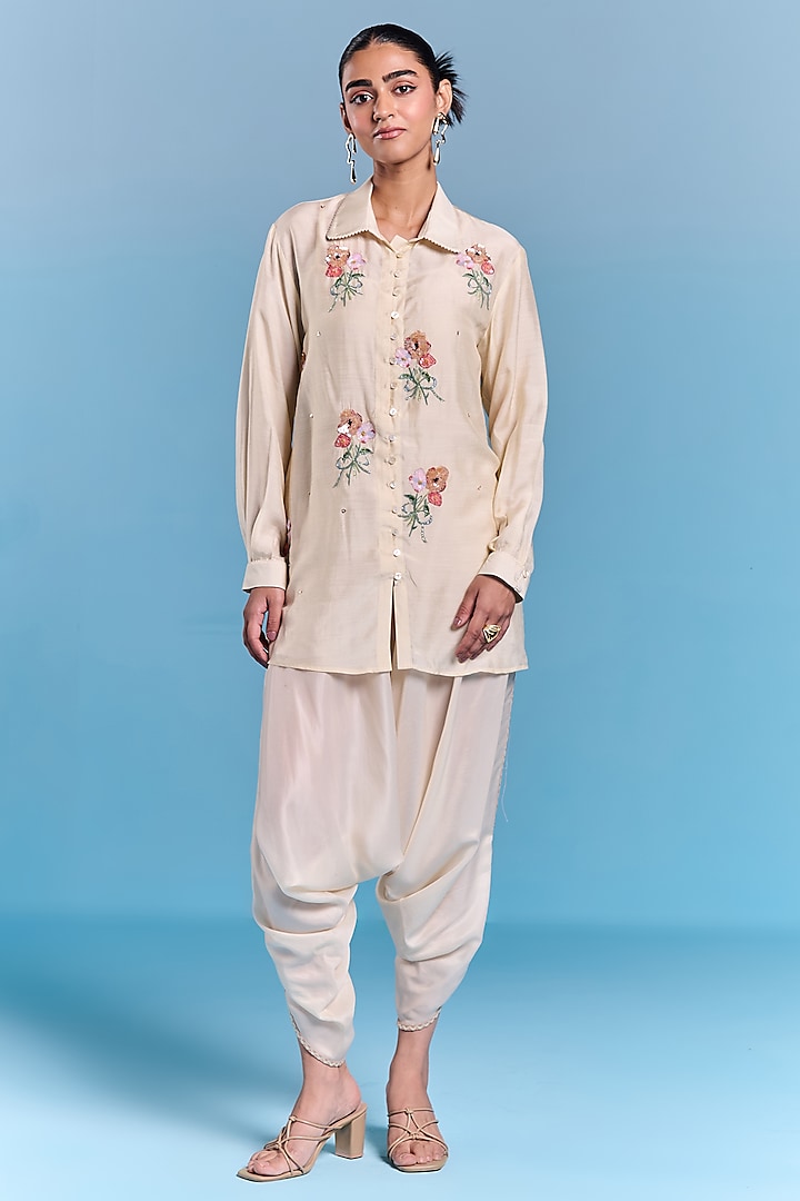 Cream Silk Floral Embroidered Co-Ord Set by Kalista at Pernia's Pop Up Shop