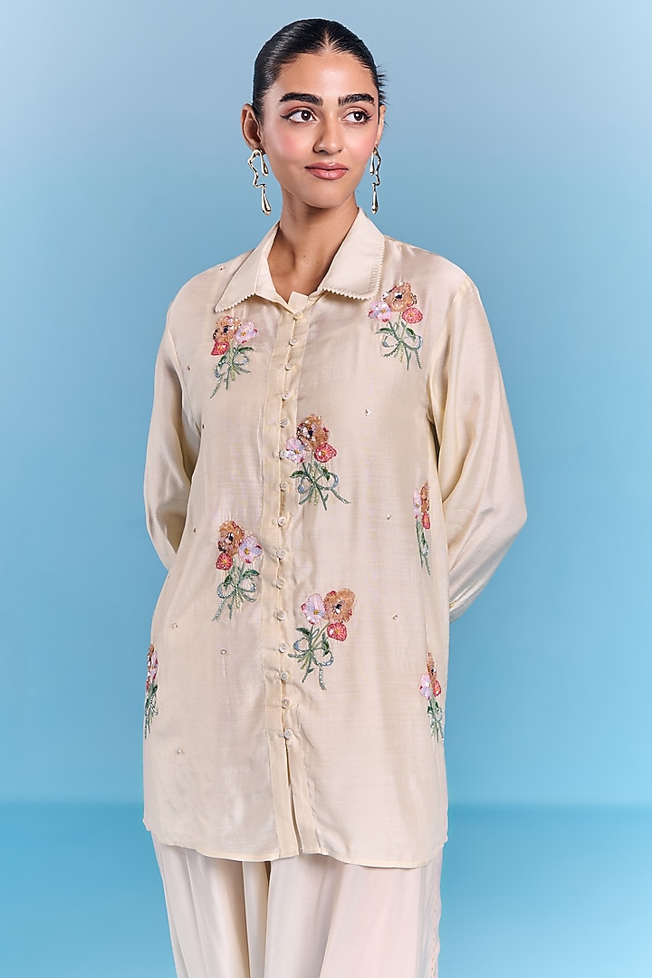 Cream Silk Floral Embroidered Co-Ord Set by Kalista at Pernia's Pop Up Shop