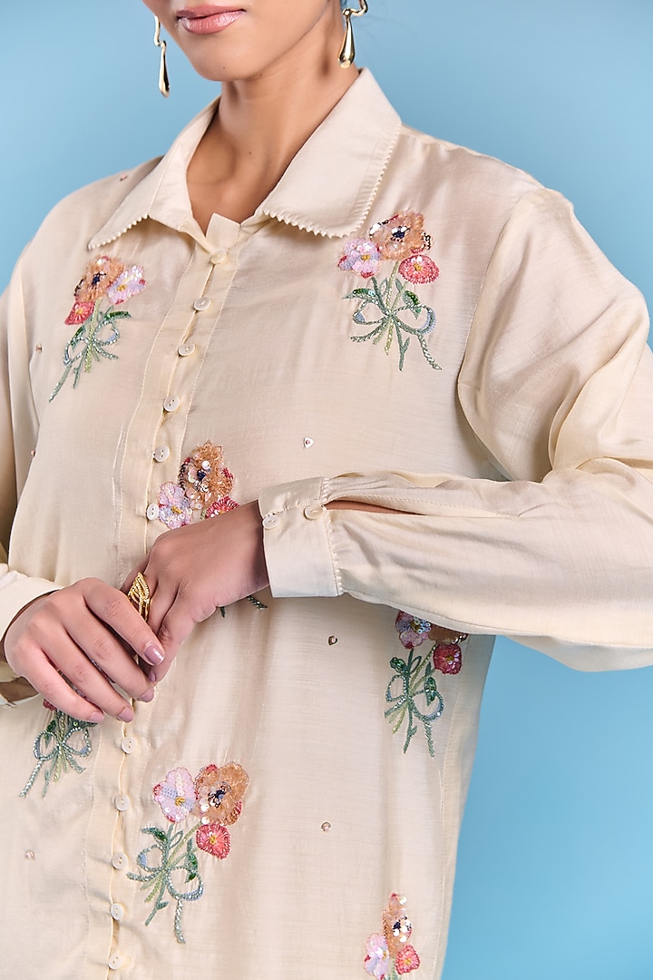 Cream Silk Floral Embroidered Co-Ord Set by Kalista at Pernia's Pop Up Shop