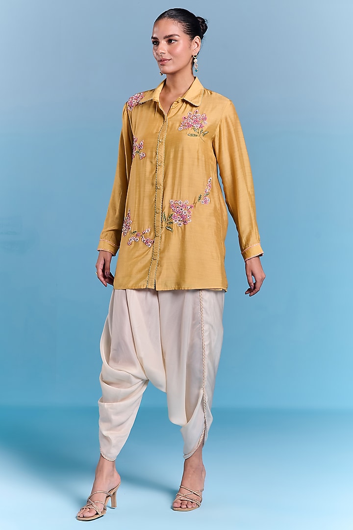 Mustard Floral Hand Embroidered Tunic Set by Kalista at Pernia's Pop Up Shop