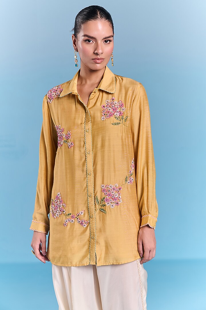 Mustard Floral Hand Embroidered Tunic Set by Kalista at Pernia's Pop Up Shop