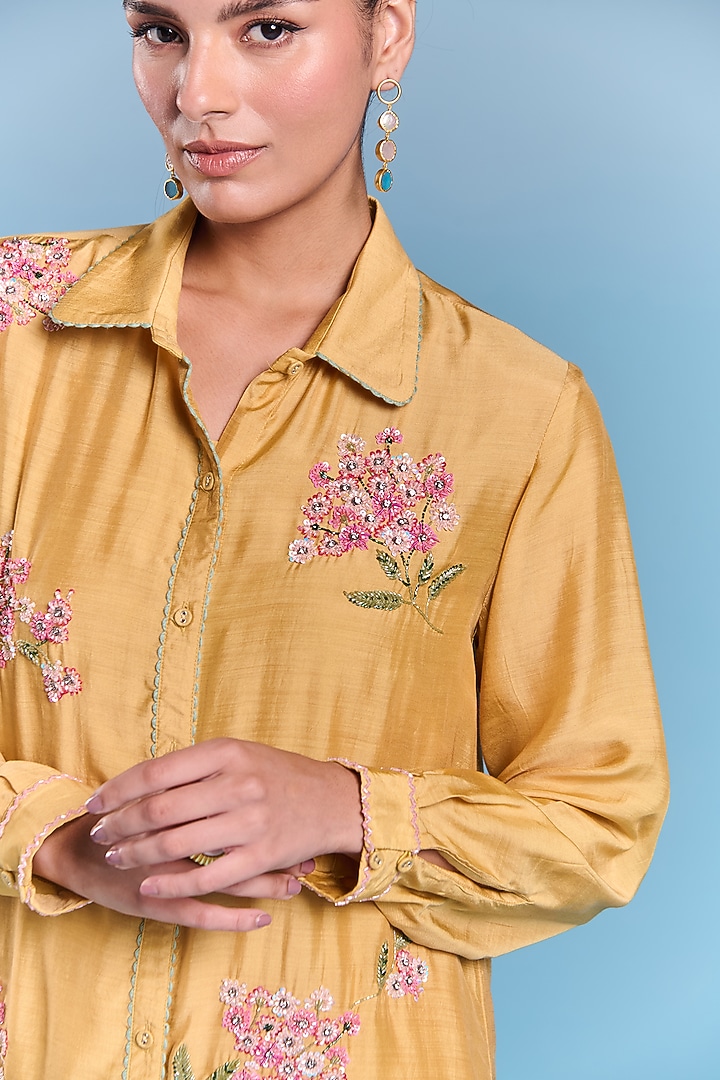 Mustard Floral Hand Embroidered Tunic Set by Kalista at Pernia's Pop Up Shop