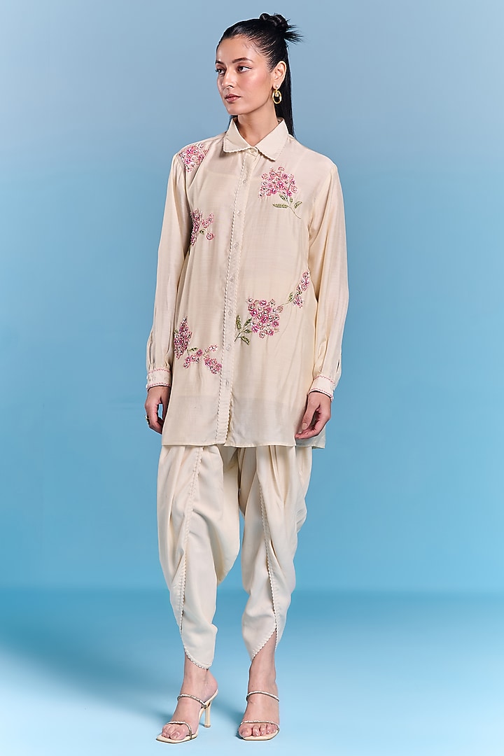 Cream Silk Floral Embroidered Co-Ord Set by Kalista at Pernia's Pop Up Shop