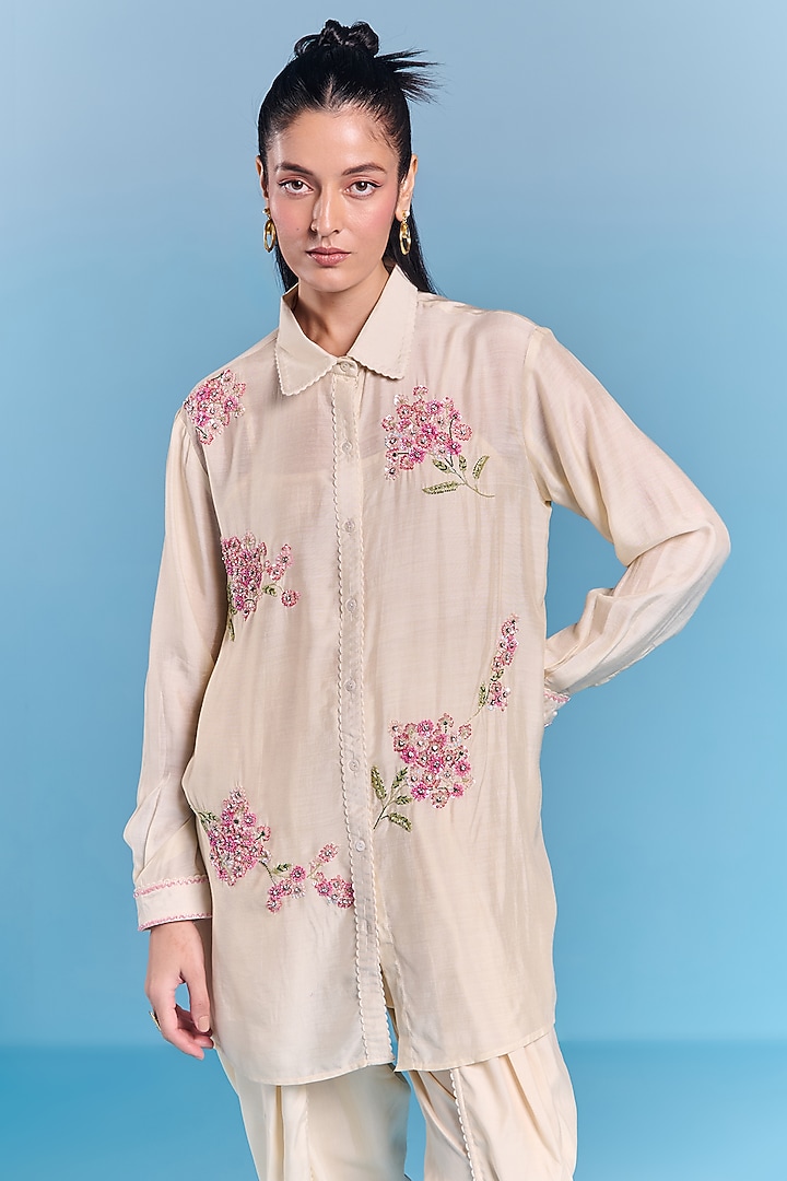 Cream Silk Floral Embroidered Co-Ord Set by Kalista at Pernia's Pop Up Shop