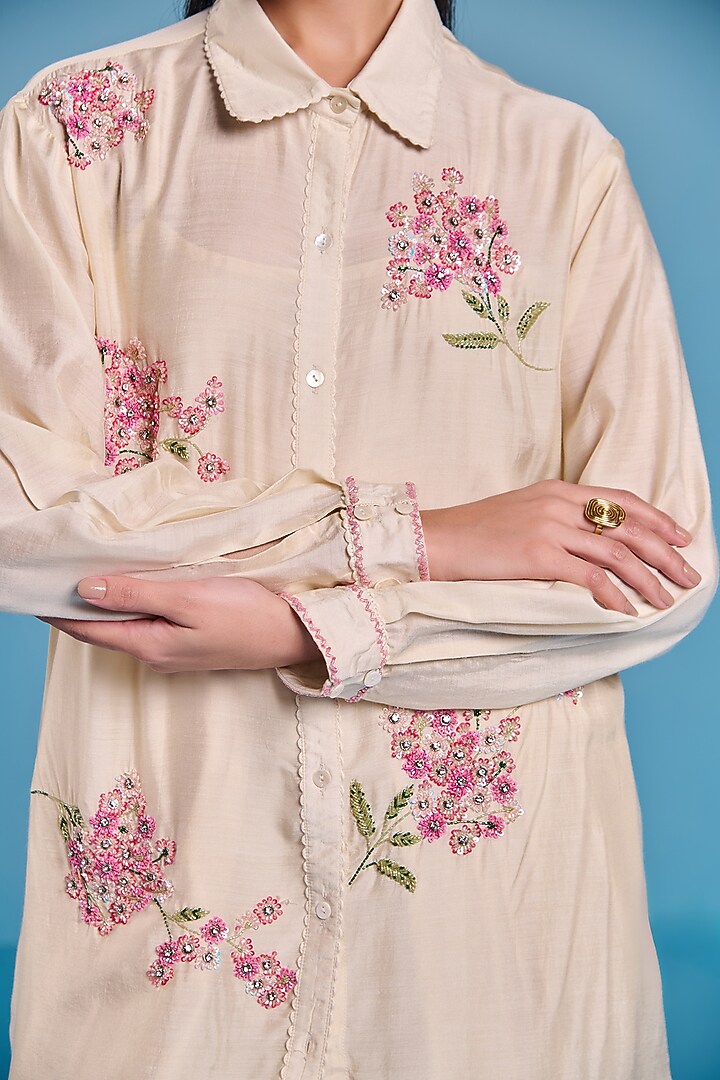 Cream Silk Floral Embroidered Co-Ord Set by Kalista at Pernia's Pop Up Shop