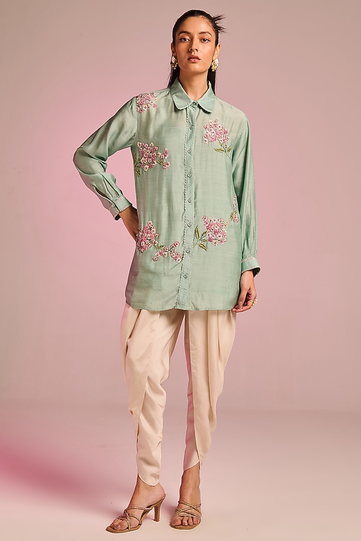 Aqua Silk Floral Hand Embroidered Tunic Set by Kalista at Pernia's Pop Up Shop
