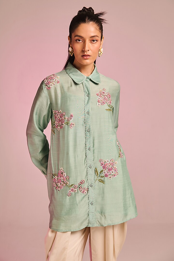 Aqua Silk Floral Hand Embroidered Tunic Set by Kalista at Pernia's Pop Up Shop