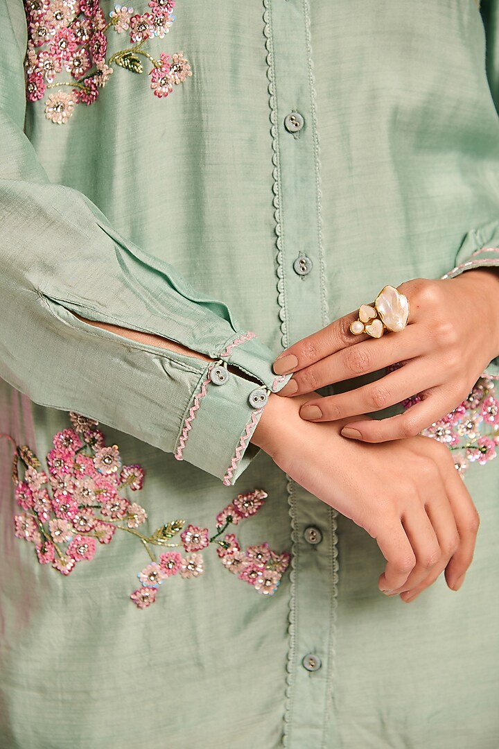 Aqua Silk Floral Hand Embroidered Tunic Set by Kalista at Pernia's Pop Up Shop
