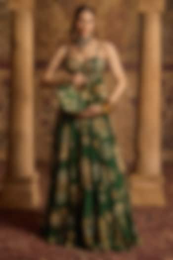 Emerald Green Organza Floral Printed Wedding Lehenga Set by Kalista at Pernia's Pop Up Shop