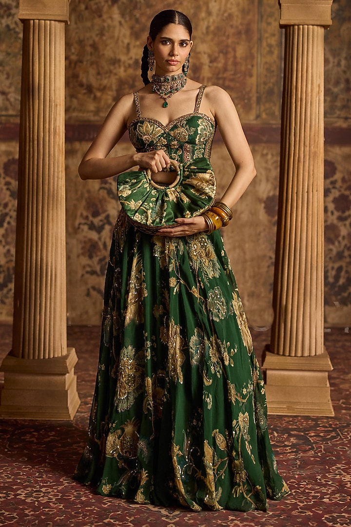 Emerald Green Organza Floral Printed Wedding Lehenga Set by Kalista at Pernia's Pop Up Shop