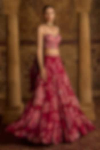 Fuchsia Organza Floral Printed Wedding Lehenga Set by Kalista at Pernia's Pop Up Shop