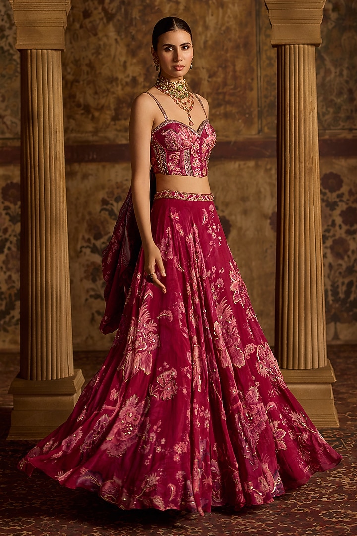 Fuchsia Organza Floral Printed Wedding Lehenga Set by Kalista at Pernia's Pop Up Shop