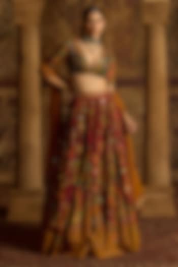 Multi-Colored Dola Silk Paisley Printed Wedding Lehenga Set by Kalista at Pernia's Pop Up Shop