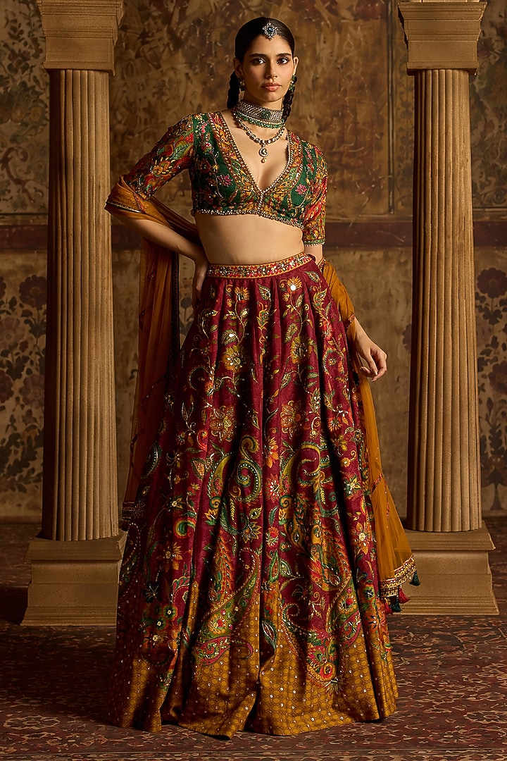 Multi-Colored Dola Silk Paisley Printed Wedding Lehenga Set by Kalista at Pernia's Pop Up Shop