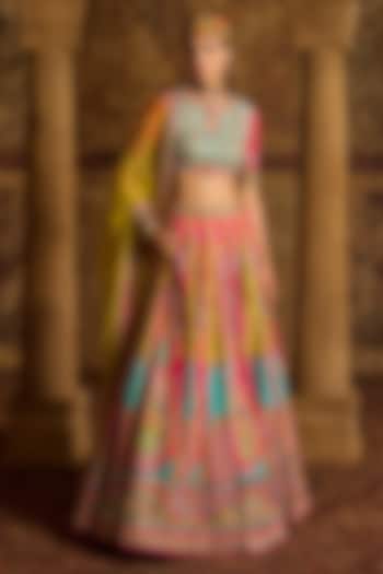 Hot Pink Dola Silk Paisley Printed Wedding Lehenga Set by Kalista at Pernia's Pop Up Shop