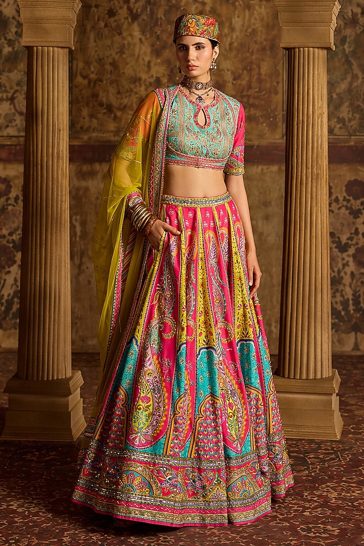 Hot Pink Dola Silk Paisley Printed Wedding Lehenga Set by Kalista at Pernia's Pop Up Shop