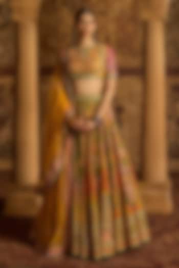 Amber Yellow Dola Silk Paisley Printed Wedding Lehenga Set by Kalista at Pernia's Pop Up Shop