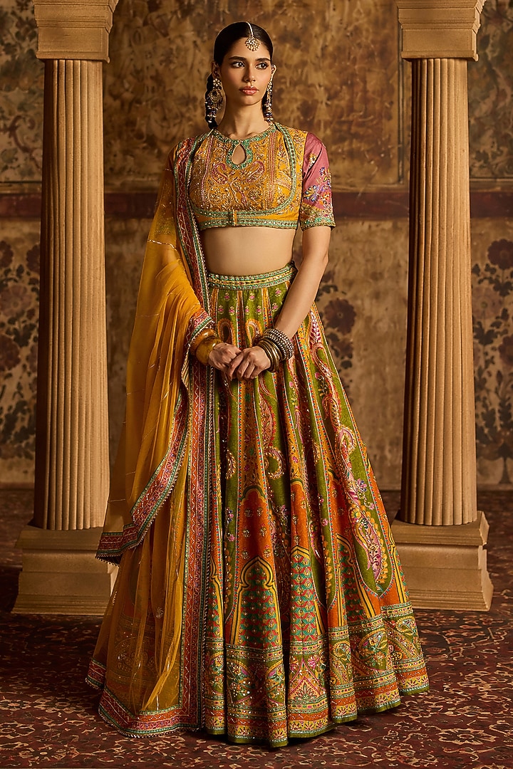 Amber Yellow Dola Silk Paisley Printed Wedding Lehenga Set by Kalista at Pernia's Pop Up Shop