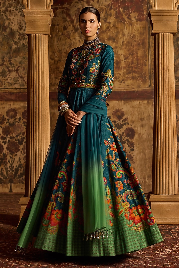 Cobalt Blue Dola Silk Floral Thread Work Wedding Anarkali Set by Kalista at Pernia's Pop Up Shop