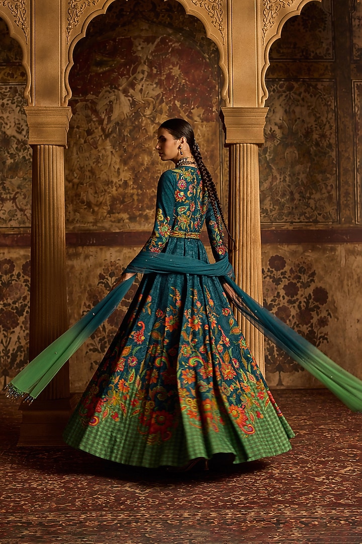 Cobalt Blue Dola Silk Floral Thread Work Wedding Anarkali Set by Kalista at Pernia's Pop Up Shop