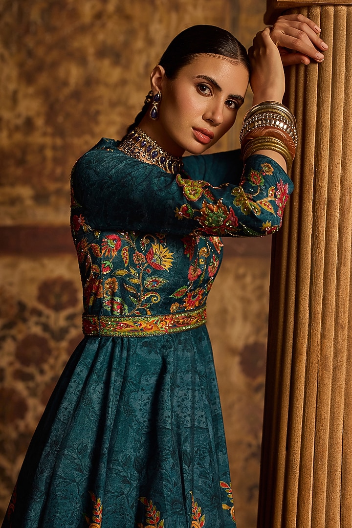 Cobalt Blue Dola Silk Floral Thread Work Wedding Anarkali Set by Kalista at Pernia's Pop Up Shop