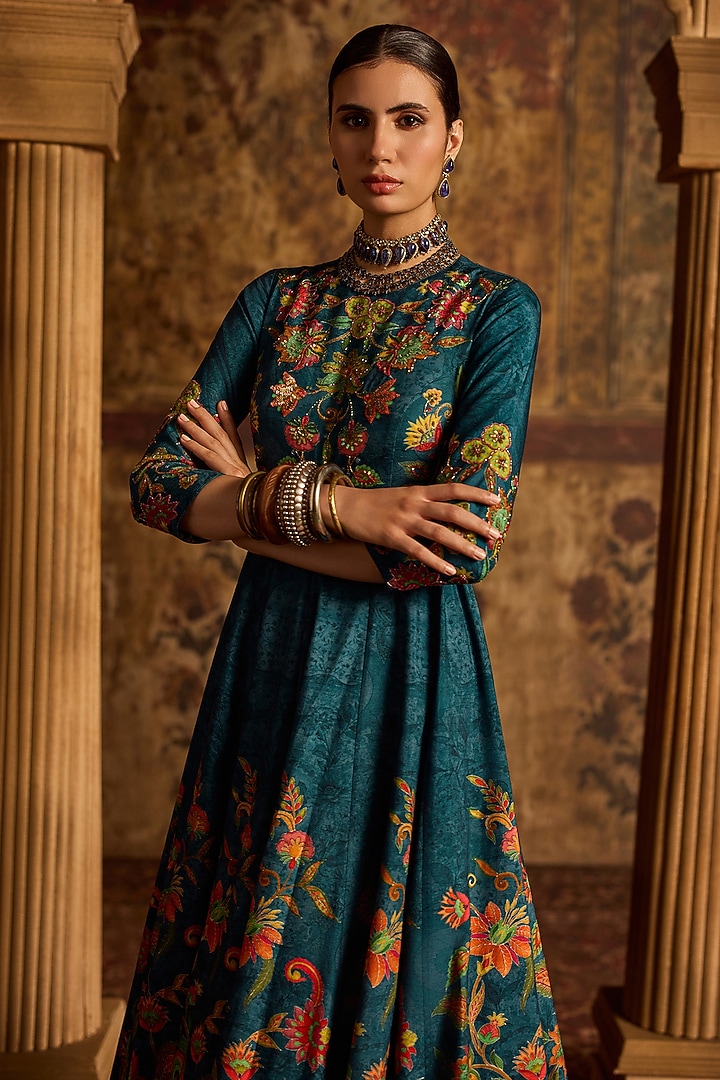 Cobalt Blue Dola Silk Floral Thread Work Wedding Anarkali Set by Kalista at Pernia's Pop Up Shop