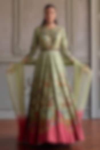 Mint Dola Silk Embroidered Wedding Anarkali Set by Kalista at Pernia's Pop Up Shop
