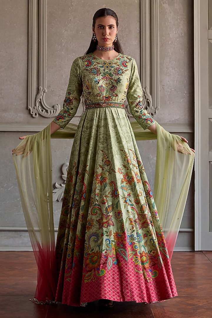 Mint Dola Silk Embroidered Wedding Anarkali Set by Kalista at Pernia's Pop Up Shop