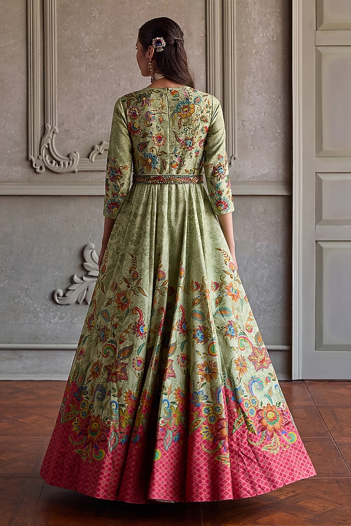 Mint Dola Silk Embroidered Wedding Anarkali Set by Kalista at Pernia's Pop Up Shop