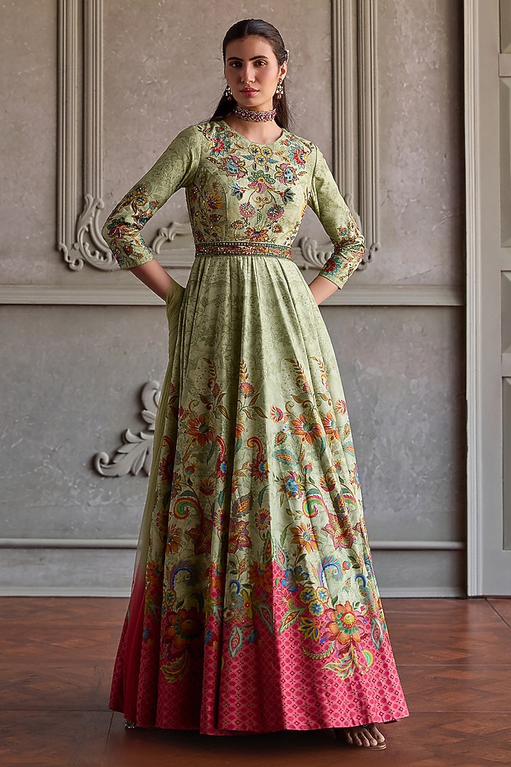 Mint Dola Silk Embroidered Wedding Anarkali Set by Kalista at Pernia's Pop Up Shop