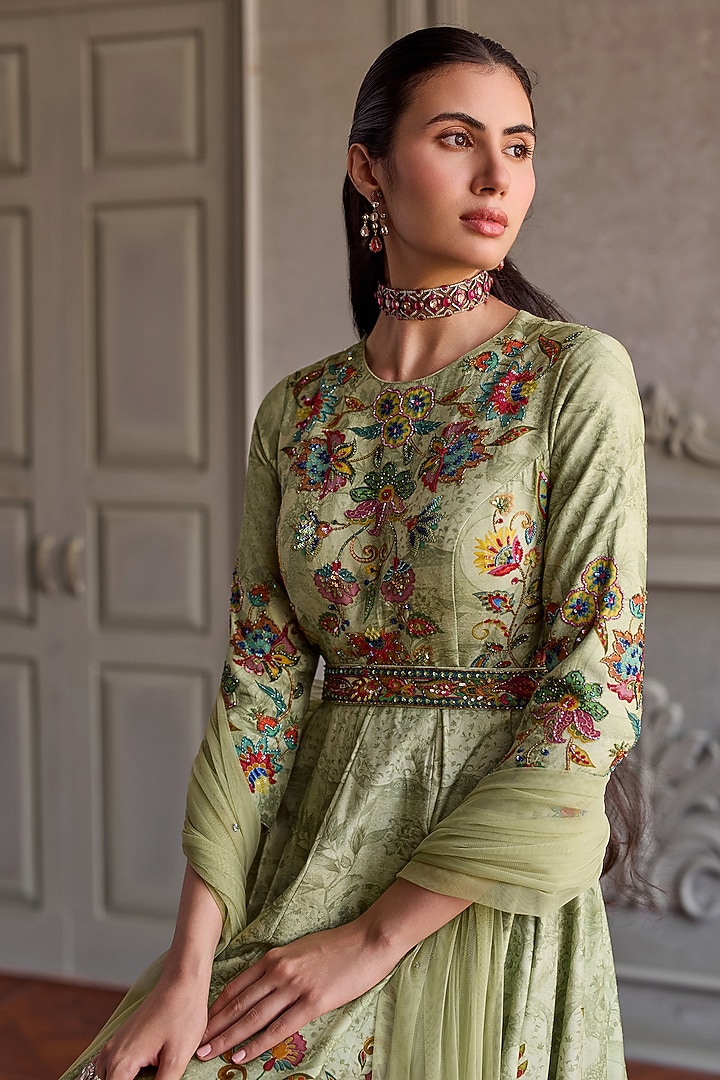 Mint Dola Silk Embroidered Wedding Anarkali Set by Kalista at Pernia's Pop Up Shop