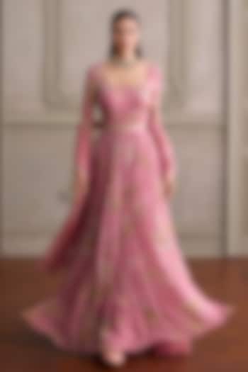 Pink Viscose Georgette Printed Party Wear Anarkali Set by Kalista at Pernia's Pop Up Shop