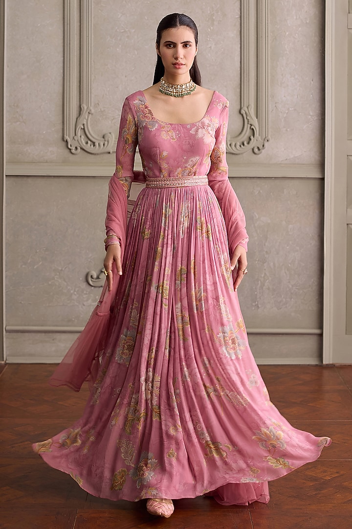 Pink Viscose Georgette Printed Party Wear Anarkali Set by Kalista at Pernia's Pop Up Shop