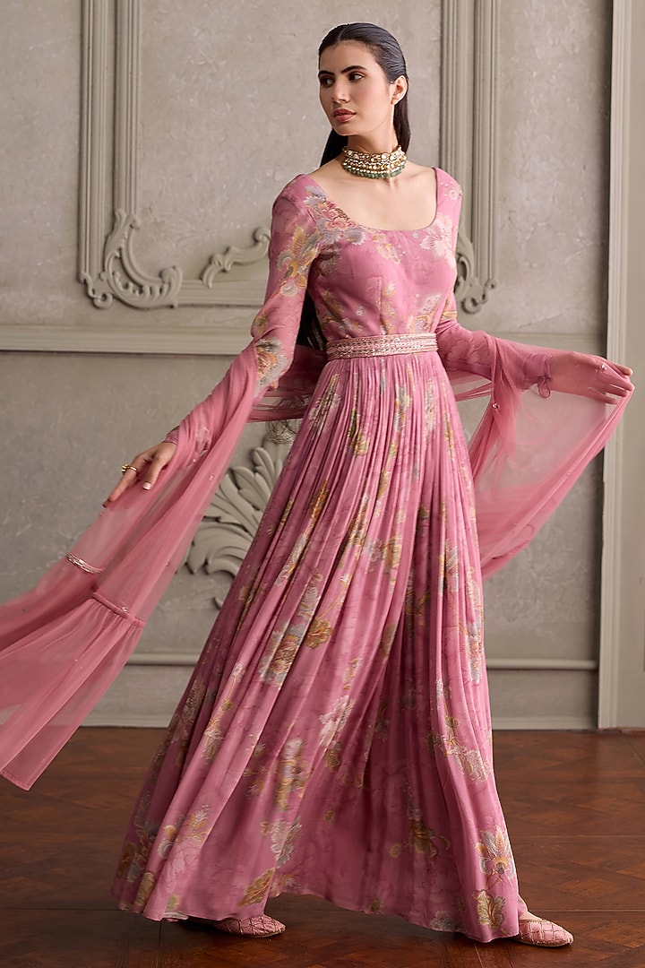 Pink Viscose Georgette Printed Party Wear Anarkali Set by Kalista at Pernia's Pop Up Shop