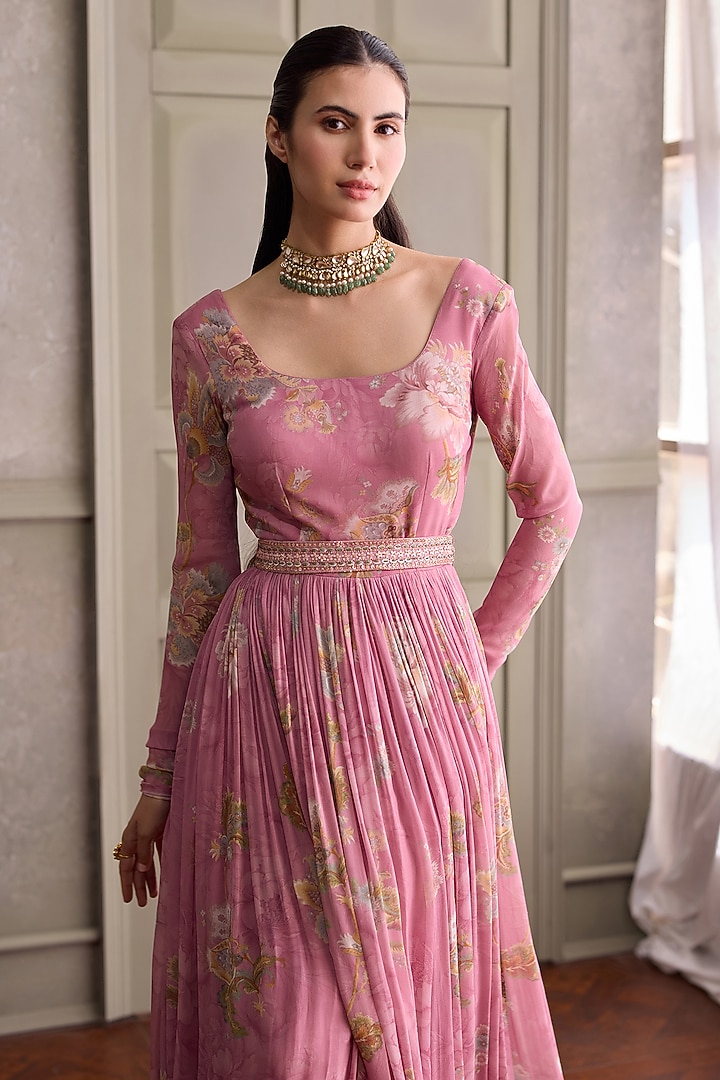 Pink Viscose Georgette Printed Party Wear Anarkali Set by Kalista at Pernia's Pop Up Shop