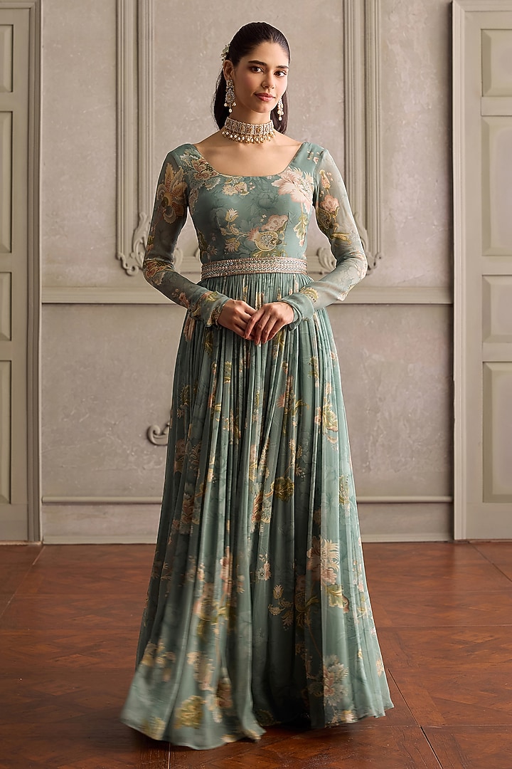 Mint Viscose Georgette Printed Party Wear Anarkali Set by Kalista at Pernia's Pop Up Shop