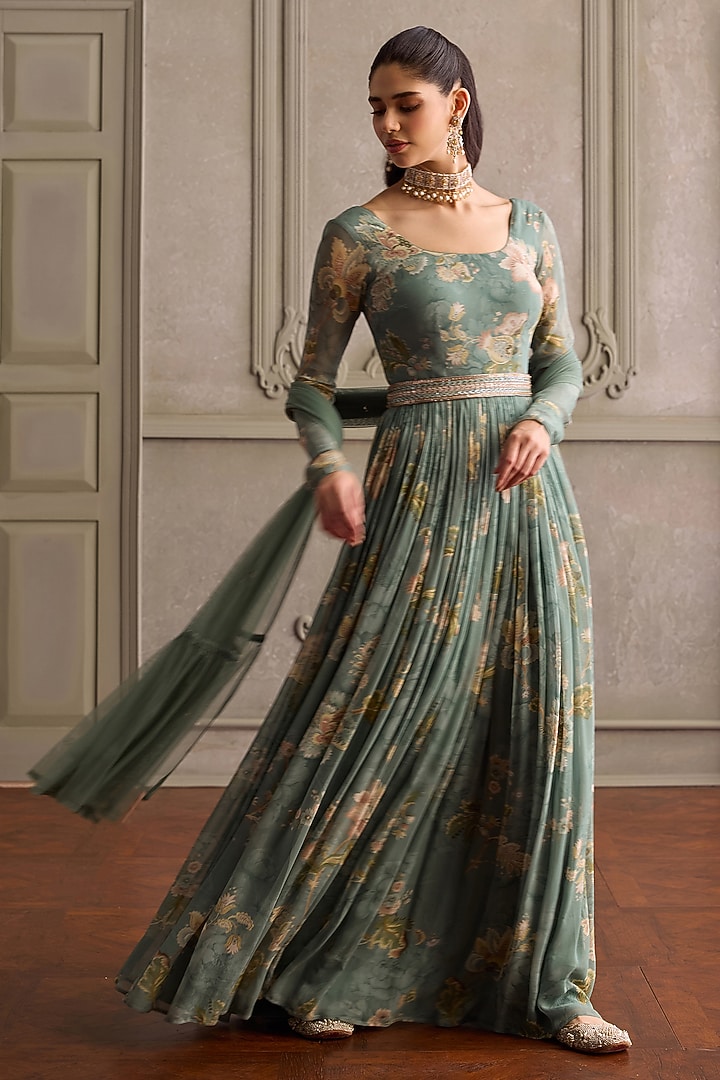 Mint Viscose Georgette Printed Party Wear Anarkali Set by Kalista at Pernia's Pop Up Shop