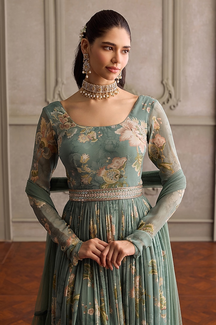 Mint Viscose Georgette Printed Party Wear Anarkali Set by Kalista at Pernia's Pop Up Shop