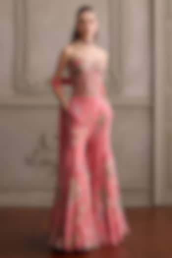 Peach Organza Printed Party Wear Sharara Set by Kalista at Pernia's Pop Up Shop