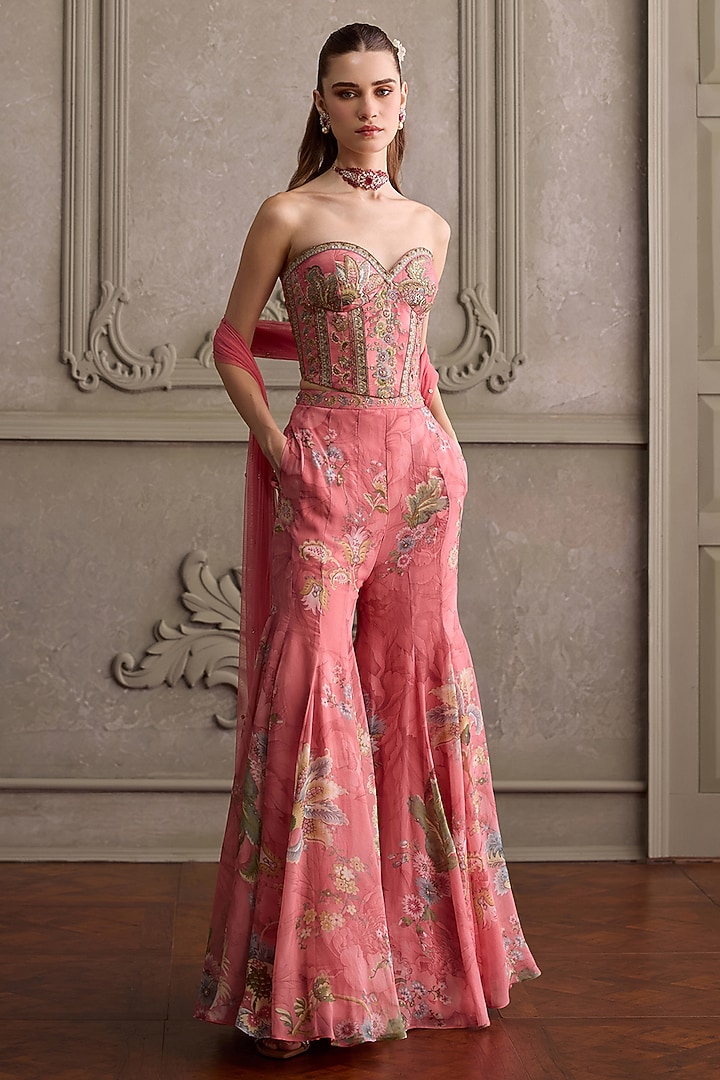 Peach Organza Printed Party Wear Sharara Set by Kalista at Pernia's Pop Up Shop
