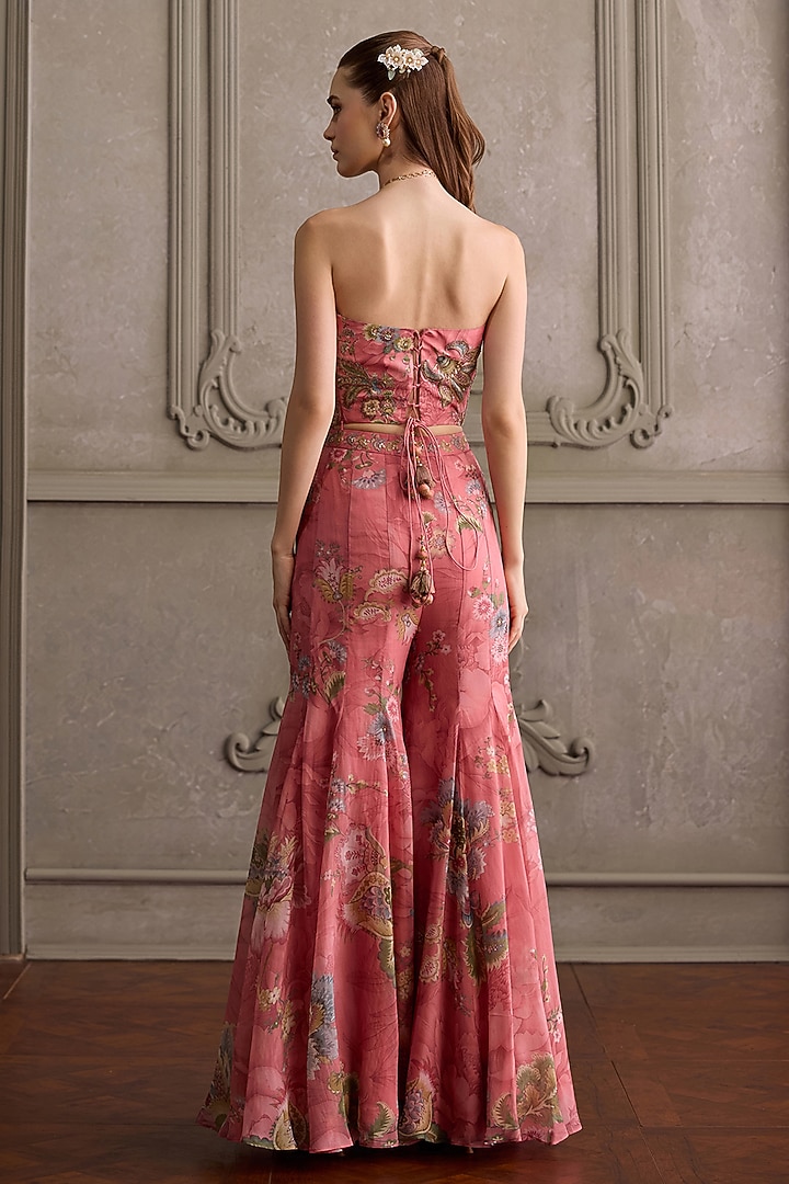 Peach Organza Printed Party Wear Sharara Set by Kalista at Pernia's Pop Up Shop