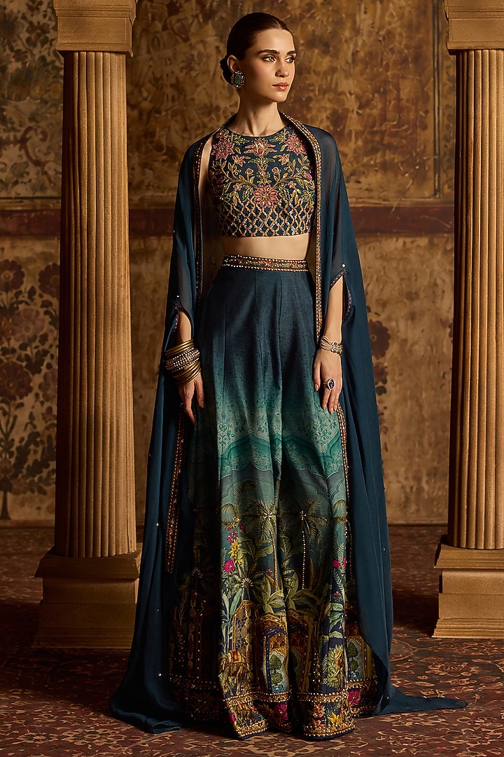 Pacific Blue Dola Silk Flared Wedding Sharara Set by Kalista at Pernia's Pop Up Shop