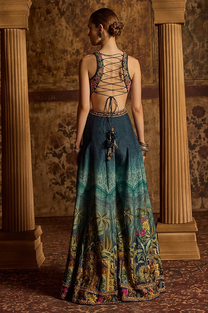 Pacific Blue Dola Silk Flared Wedding Sharara Set by Kalista at Pernia's Pop Up Shop