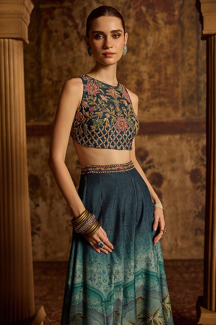 Pacific Blue Dola Silk Flared Wedding Sharara Set by Kalista at Pernia's Pop Up Shop
