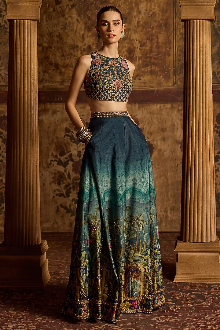 Pacific Blue Dola Silk Flared Wedding Sharara Set by Kalista at Pernia's Pop Up Shop