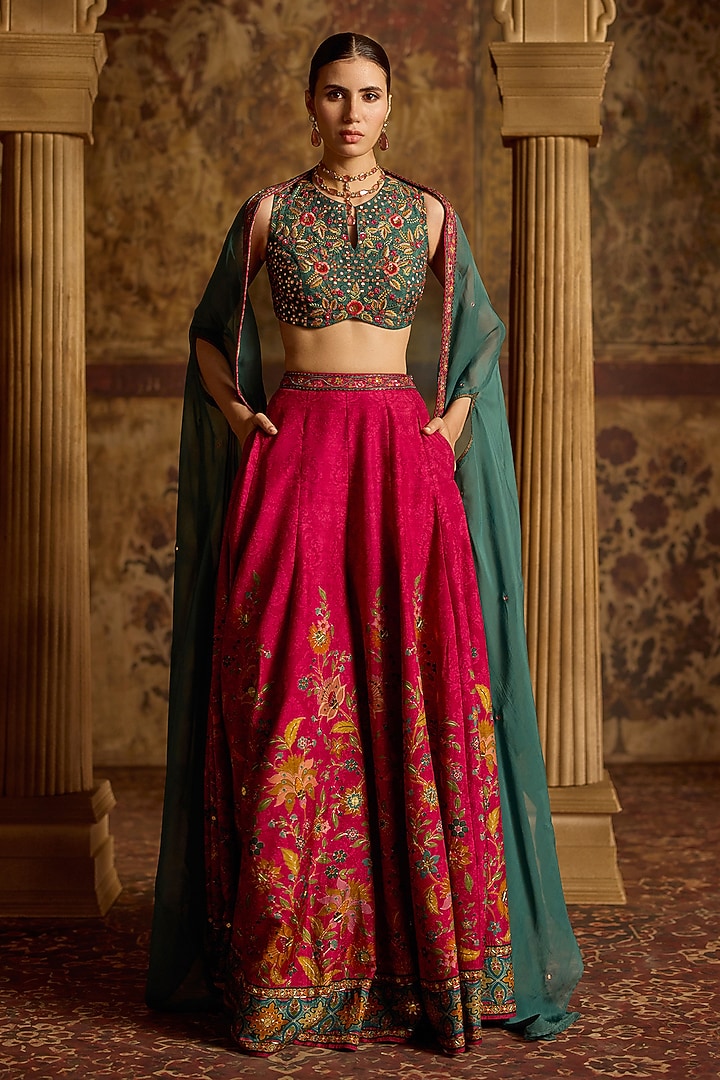 Fuchsia Dola Silk Flared Wedding Sharara Set by Kalista at Pernia's Pop Up Shop