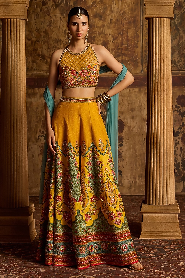 Amber Yellow Viscose Silk Flared Wedding Sharara Set by Kalista at Pernia's Pop Up Shop