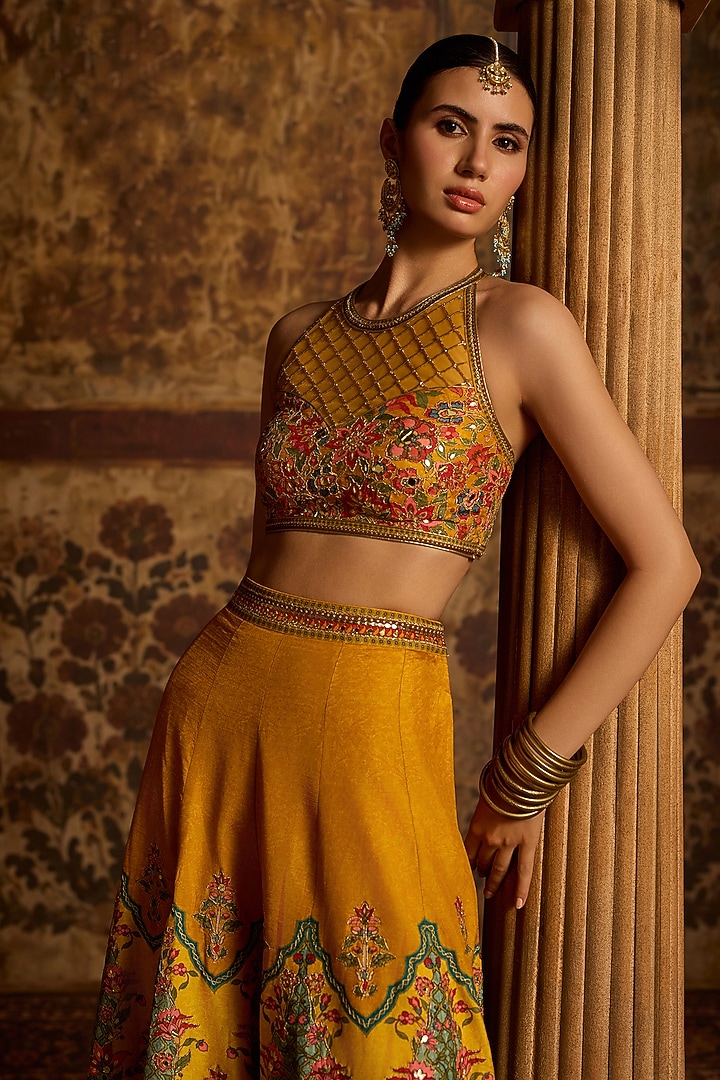 Amber Yellow Viscose Silk Flared Wedding Sharara Set by Kalista at Pernia's Pop Up Shop